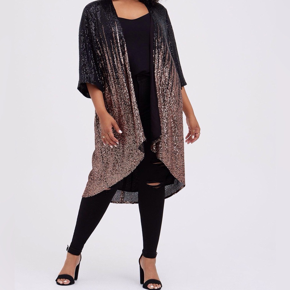Torrid black and gold ombré sequined hi-lo kimono women’s size 2X